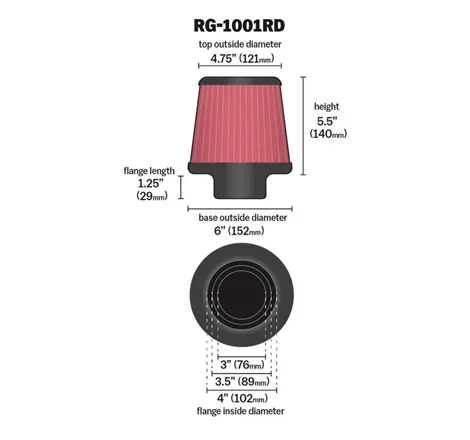 K&N Universal Air Filter Chrome Round Tapered Red - 4in Flange ID x 1.125in Flange Length x 5.5in H