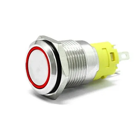 16mm Chrome Latching Push Button Switch - Red LED