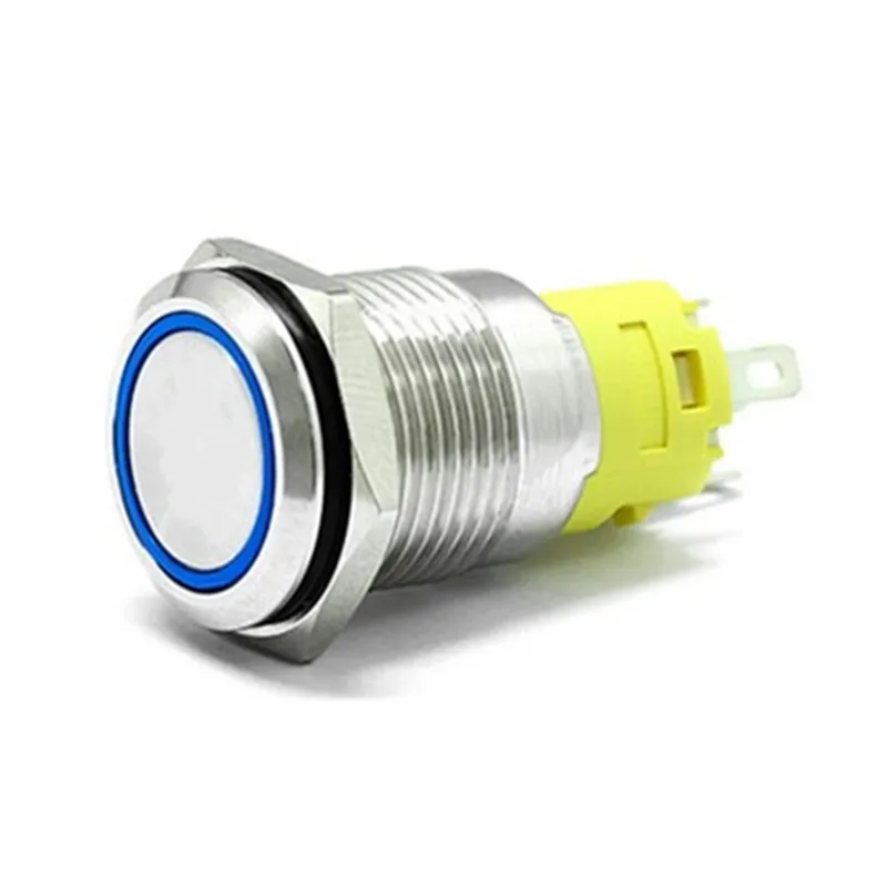16mm Chrome Latching Push Button Switch - Blue LED