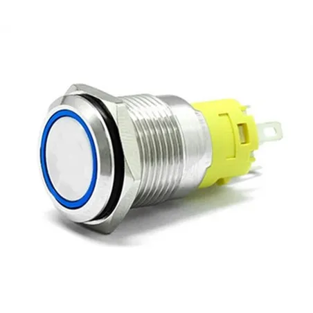 16mm Chrome Latching Push Button Switch - Blue LED